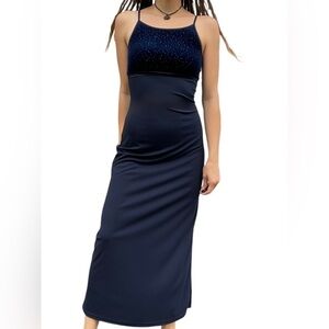 🥒 Vintage y2k Velour Suede Navy Blue Empire Waist Bodycon Maxi Dress S